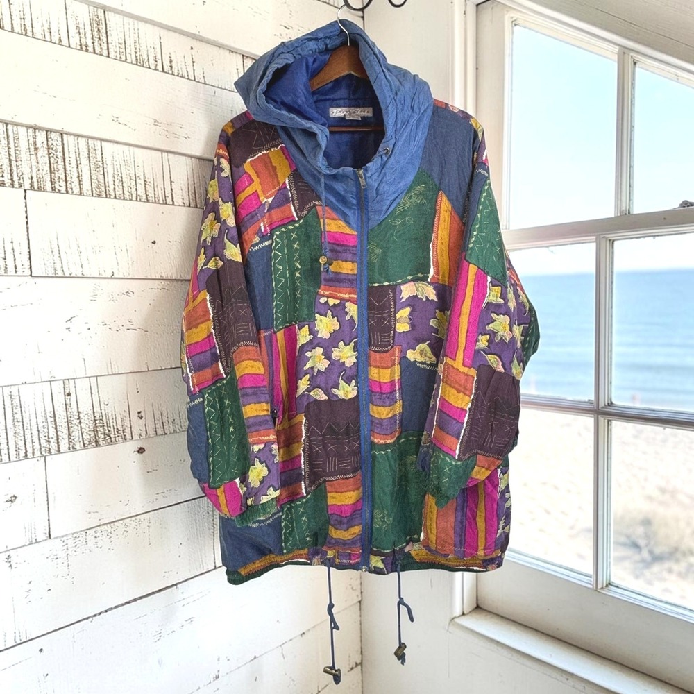 Vintage Hooded Jacket Robert Stock L Multi-Color 100% Silk Patchwork Print